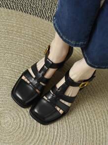 女士黑色透切粗跟t型復古正方形拖鞋時尚高跟鞋 - 黑色 - 查看 1