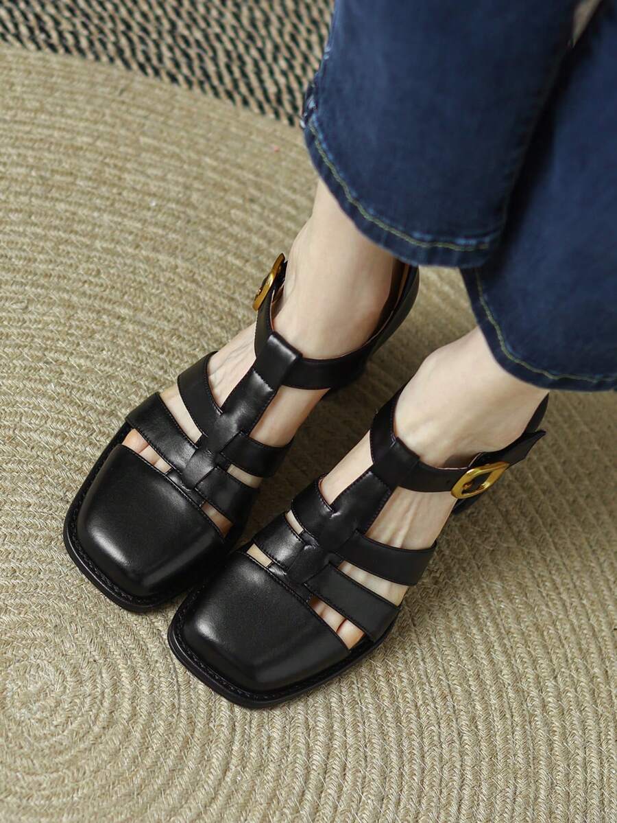 女士黑色透切粗跟t型復古正方形拖鞋時尚高跟鞋 - 黑色 - 查看 1