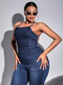 SHEIN SXY Plus Size Women'S Denim Jumpsuit With Backless Design And Tie Straps - Blue - View 4