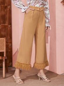Seusyu Women'S High-Waisted Folded Waistband Frayed Hem Wide Leg Pants Fall Cloth For Women - Yellow - View 1