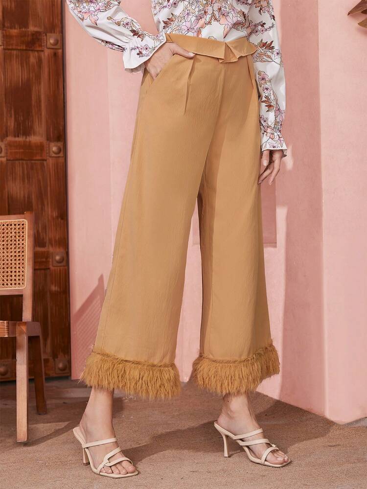 Women'S High-Waisted Folded Waistband Frayed Hem Wide Leg Pants Fall Cloth For Women