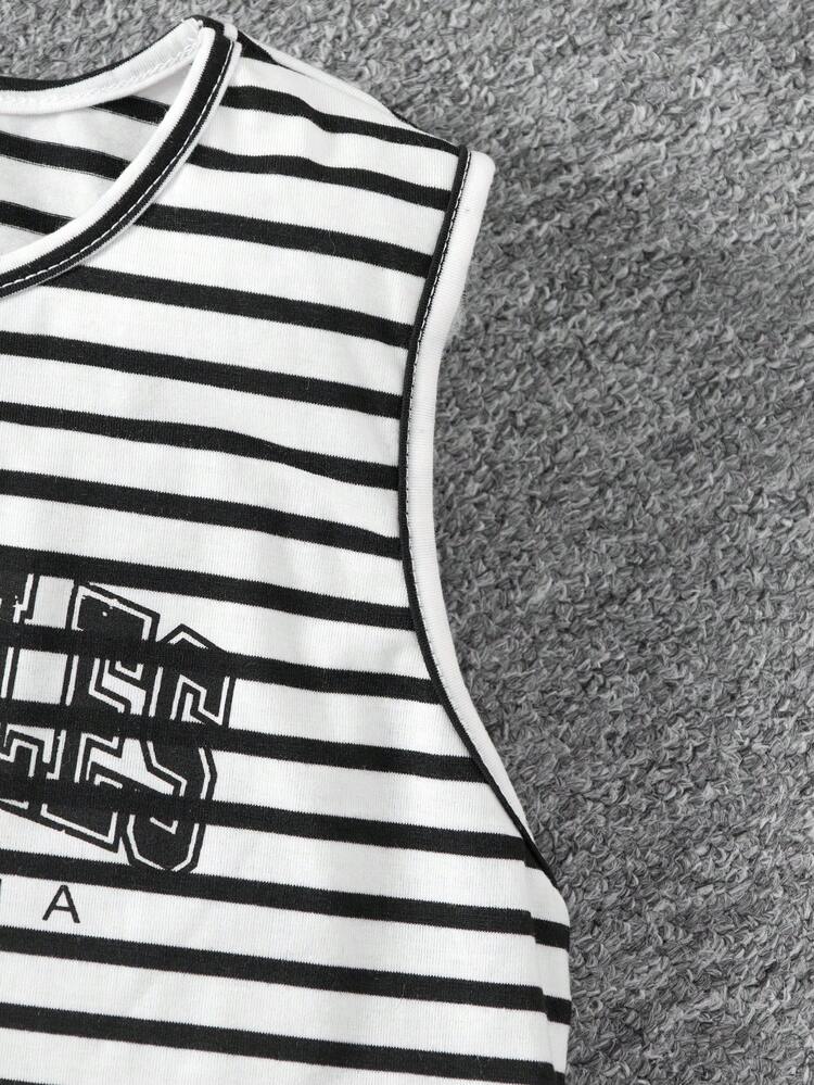 Tween Girl Striped & Letter Tank Top and Top-stitching Jacket and Skirt