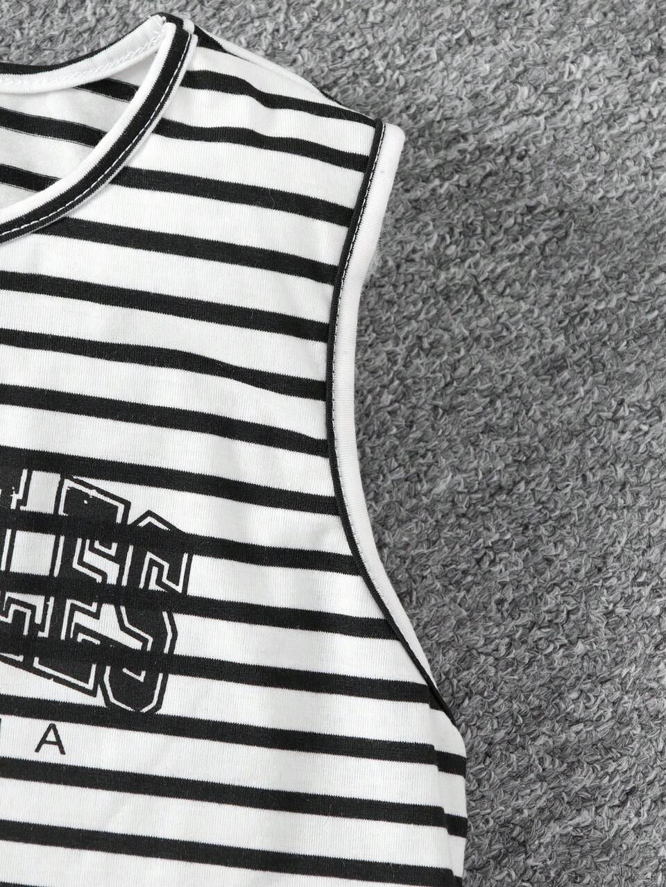 Tween Girl Striped & Letter Tank Top and Top-stitching Jacket and Skirt