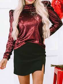 Astylish Classi Glitter Burgundy Mock Neck Ruched Puff Sleeve Sequin Top - Burgundy - View 5