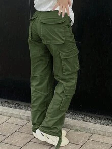 GILIPUR Pantalones cargo casuales de mujer con bolsillo lateral con solapa - Verde militar - Ver 2