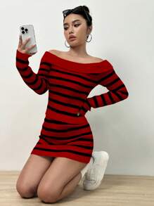 Flirla Women's Off Shoulder Striped Long Sleeve Sweater And Knit Skirt Two Piece Set Fall Cloth For Women - Red - View 7