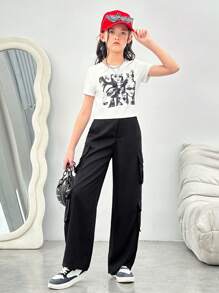 SHEIN Set de pantaloni procesați și top cu mânecă scurtă, tricot, cu gât rotund, îmbrăcăminte de stradă sport pentru fete