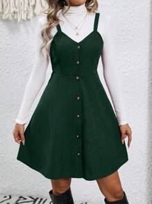 SHEIN LUNE 女款單排扣環扣吊帶連身裙 - 綠色 - 查看 3