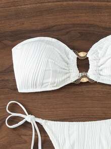 SHEIN Swim Bộ đồ bơi họa tiết màu trơn, Bộ bikini Bandeau Bộ đồ tắm Trang phục đi biển Kỳ nghỉ hè - trắng - Xem 5