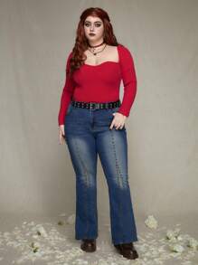 ROMWE PUNK Plus Size Women's Sweetheart Neck Sweater Pullover - Red - View 5