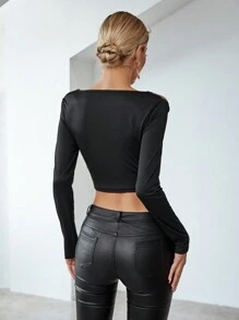 Chiquease Women's Off-Shoulder Cropped T-Shirt Fall Cloth For Women - Black - View 2