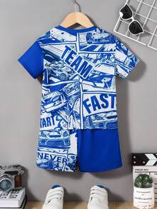SHEIN 2pcs/Set Young Boys' Casual And Cute Sports Cartoon Car Checkered Comic Color Block Round Neck Short-Sleeved Loose Drop-Shoulder T-Shirt And Cartoon Car Checkered Comic Color Block Sports Shorts Or Pants Suitable For School, , Party, Daily Wear, Spring And Summer Season - Multicolor - View 2