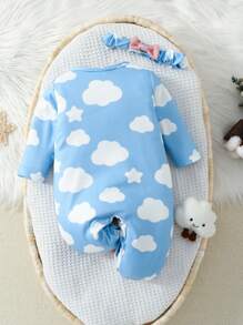 SHEIN 嬰兒女童雲朵卡通紋足部連體睡衣 - 白色 - 查看 2