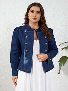 SHEIN Privé Kích thước lớn Nút Đồ trang trí Áo khoác denim Với Mở Mặt trước - Rửa nhẹ - Xem 4