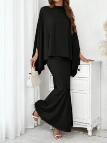 SHEIN Privé Women's Stand Collar Batwing Sleeve Top And Skirt Set - Black - View 6