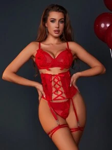 Spicy Aura Set Pakaian Dalam Seksi Wanita Kontras Mesh Plain Fantasi-Elegan - Merah - View 3