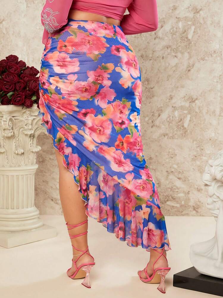 Plus Size Women's Romantic Mesh Skirt With Dopamine Ruffles & Pleats