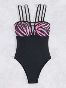 SHEIN Swim 夏季女士斑马纹镂空细节连体泳衣狂欢节 - 黑色 - 查看 7