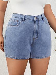 SHEIN Privé Plus High Waist Denim Shorts - Light Wash - View 5