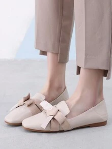 Women's Flat Shoes, Beige Color, Large Size, 2024 Spring And Autumn New Arrival. Low Vamp, Elegant, With Bow Knot Decoration. It's Suitable For Fairy Style, French Style And Slip-On Mary Jane Shoes. - Apricot - View 4