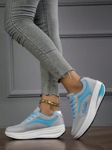 Women's Comfortable Lace-Up Gold Pattern Anti-Slip Wedge Sneakers - Grey - View 4