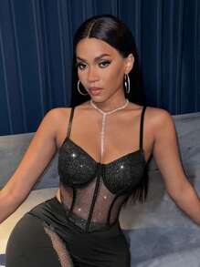 VaVaBold 亮片寬魚網背心上衣 - 黑色 - 查看 3