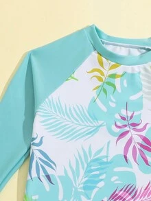 年輕女孩植物印花長袖泳衣套裝 - 彩色 - 查看 3