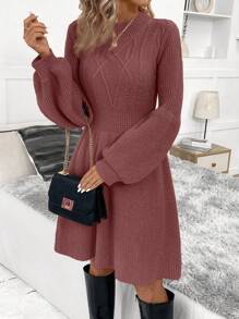 SHEIN Clasi 女士圆领针织灯笼袖毛衣连衣裙 - 鏽棕色 - 查看 3