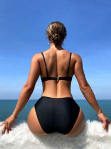 SHEIN Swim Bộ bikini hai mảnh màu trơn dành cho nữ đi biển mùa hè Carnival - màu đen - Xem 2