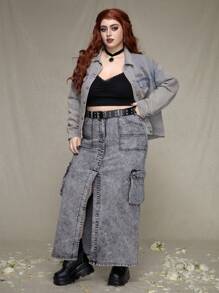 ROMWE PUNK 大尺碼女式復古下垂肩牛仔外套 - 棕色 - 查看 2