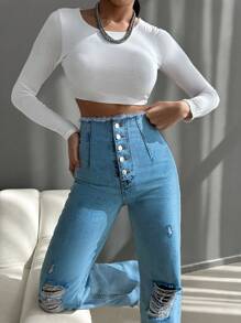SHEIN Cottnline 女款羈扣門襟仿舊直筒牛仔褲 - 寶藍色 - 查看 5