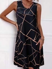 Women'S Geometric Pattern Design Dress With Stripes - Black - View 1