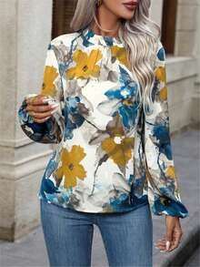 女士花卉印花灯笼袖优雅衬衫，长袖秋季 - 白色 - 查看 4