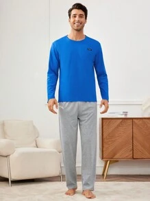 Men'S Round Neck Long Sleeve Homewear Top - Blue - View 4