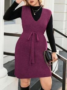 Calvaya Plus Size Women's Sweater Vest Dress With Belt - Purple - View 5