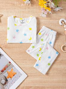 SHEIN 少女針織星紋圓領上衣和緊身褲套裝,適合家居休閒穿著 - 彩色 - 查看 4