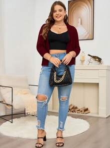 AAmilife Plus Size Solid Color 3/4 Sleeve Cardigan - Burgundy - View 3