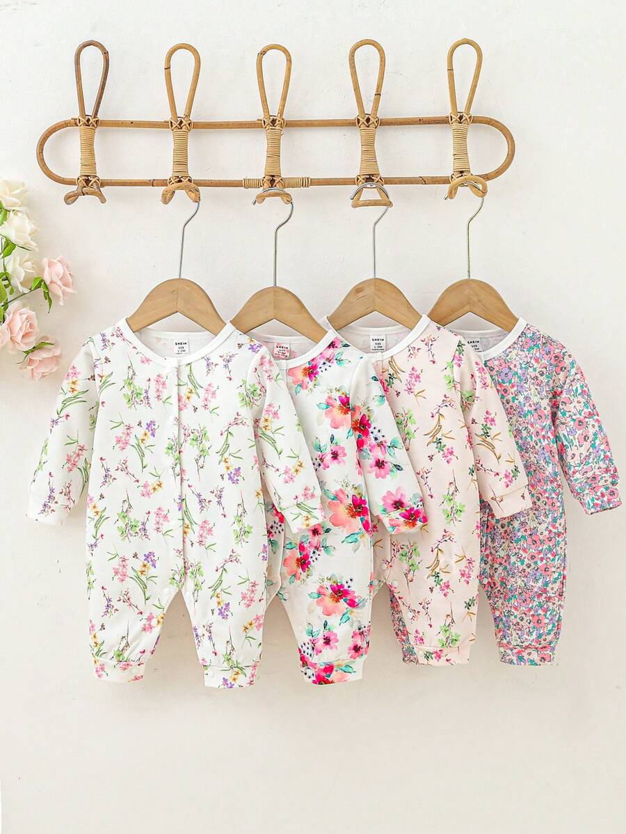 4pcs/Set Baby Girls' Floral Printed Jumpsuit Set - Multicolor - View 1