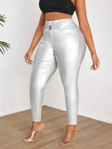 SHEIN ICON Plus Size Made Of Pu Fabric Tight-Fit Pants - Silver - View 3