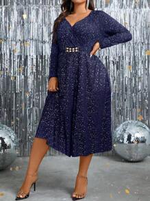SHEIN Clasi Vestido Con Cinturón Y Purpurina De Talla Grande - Azul Marino - Ver 4
