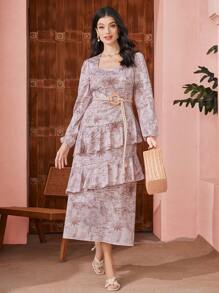 Modelyn Women's Floral Printed Ruffle Hem Dress Fall Cloth For Women - Baby Pink - View 3