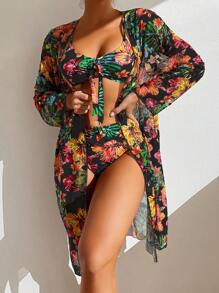 SHEIN Swim 夏季海滩女士三件套可分离植物印花比基尼套装嘉年华 - 彩色 - 查看 4