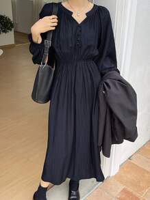 DAZY Notched Neckline Lantern Sleeve Dress - Navy Blue - View 3