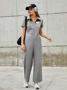 SHEIN EZwear 灰色編織女士連身褲,斜口袋和拉鍊前 - 灰色 - 查看 3