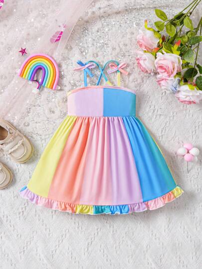 Baby Girls Sweet Rainbow Colored Spaghetti Strap Princess Dress