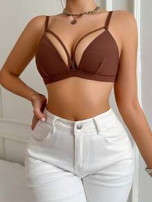 女士純色鏤空胸罩 - 咖啡棕 - 查看 3