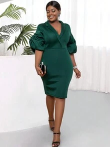 Plus Lapel Neck Puff Sleeve Bodycon Dress - Dark Green - View 6