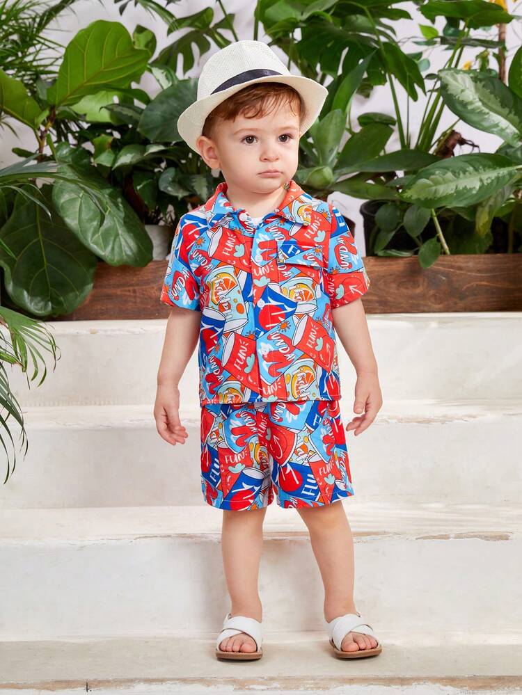 Unisex Baby Casual Street Pattern Short Sleeve Shirt And Shorts Set