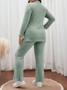 SHEIN Frenchy 加大尺碼女士側分鉸緞長袖t恤和褲套裝 - 薄荷綠 - 查看 2