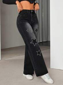 星形圖案水洗牛仔褲（不含腰帶） - 黑色 - 查看 6